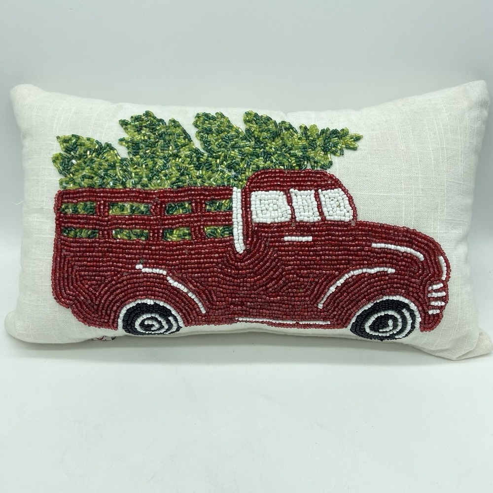 Devi Designs Beaded Christmas Pillow Red Truck 14.5" X 8.5" Tree Farmhouse Cozy